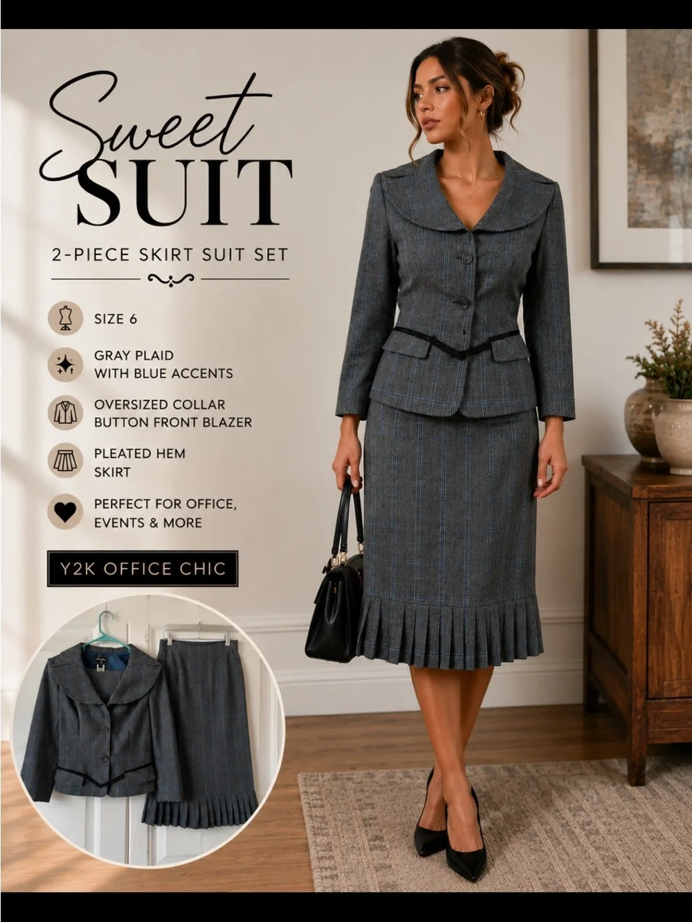 Gray Plaid 2-Piece Skirt Suit with Blue Accents